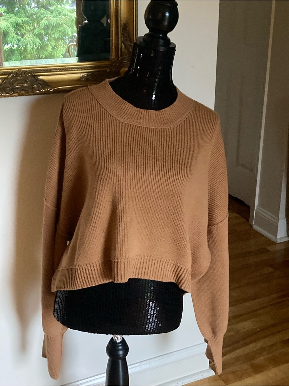 Free People Cropped Crewneck Sweater in Camel Brown
